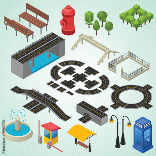 Isometric Detailed Cityscape Urban Elements Road Infrastructure and Park Assets Illustration