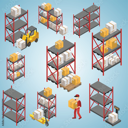 Isometric Detailed Warehouse Racking System with Boxes and Equipment Illustration