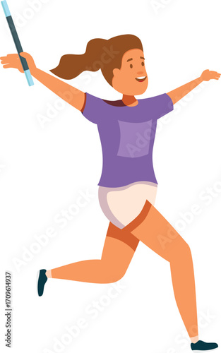 Young woman athlete running fast and holding baton in relay race competition