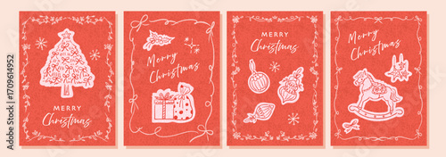 Christmas card set with cute hand painted minimal line art illustrations. Vector files. Minimalist line art clipart for cards, backgrounds, and posters.