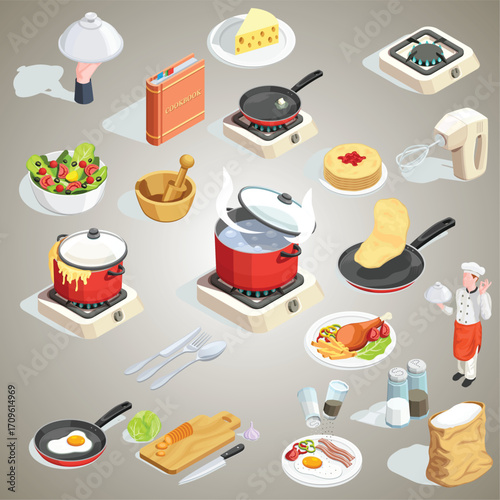 Isometric Kitchen Utensils and Food Items Cooking Preparation Illustration