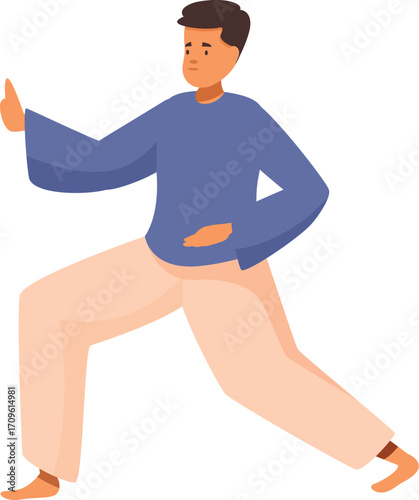 Young man performing a tai chi chuan movement, promoting health, mindfulness, and inner peace