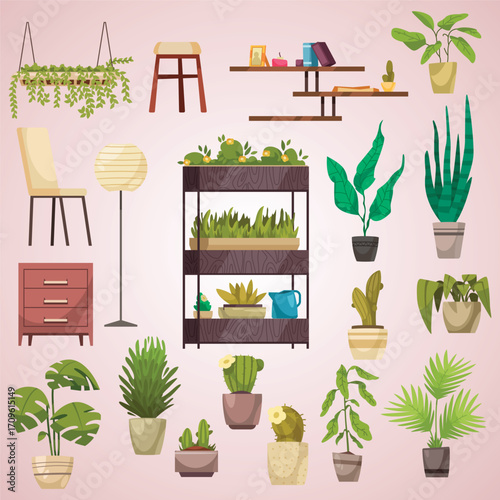 Potted plants vector illustration set. Houseplants. Indoor interior house and office flowerpots. Green flowers for home decoration. Cozy landscaping
