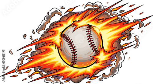 Baseball ball engulfed in fiery orange flames and billowing smoke hurtles forward, creating a dynamic and energetic illustration suitable for sports-themed designs and promotional material.
