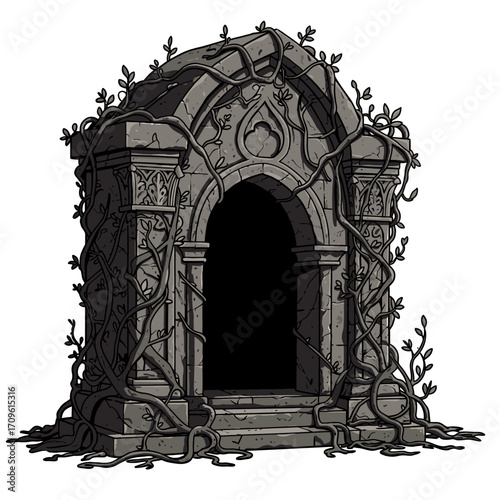 Gothic Stone Crypt Tomb Mausoleum with Vines Haunted Graveyard Scene