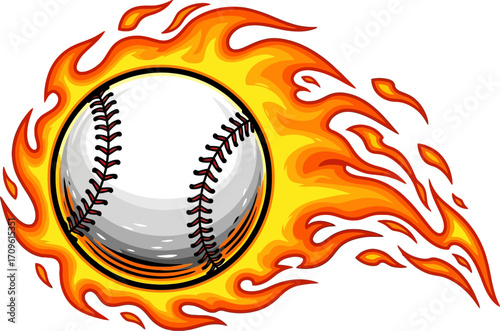 Baseball graphic in motion is surrounded by vibrant orange flames, showcasing dynamic speed and energy against a white background ideal for sports and design projects.