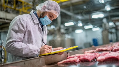 Quality control inspection of meat products food processing facility photography industrial setting close-up view safety standards