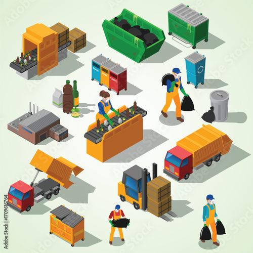 Isometric Recycling Process Illustration with Factory, Truck and People in Uniform