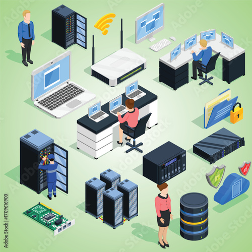 Isometric Detailed IT Infrastructure Network System Security and Data Center Illustration