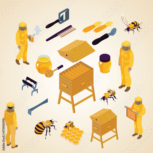 Isometric Detailed Beekeeping Elements Set with Beekeeper, Hive and Honey