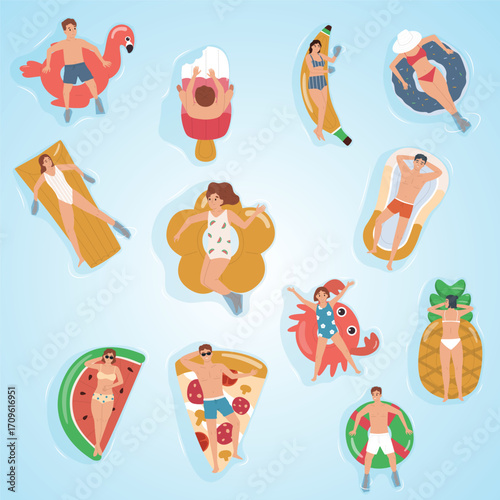 Cartoon Top View People Relaxing on Inflatable Floats Illustration