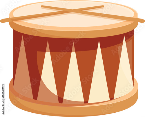 Cartoon wooden drum with drumsticks lying on top, ready to be played, isolated on white background