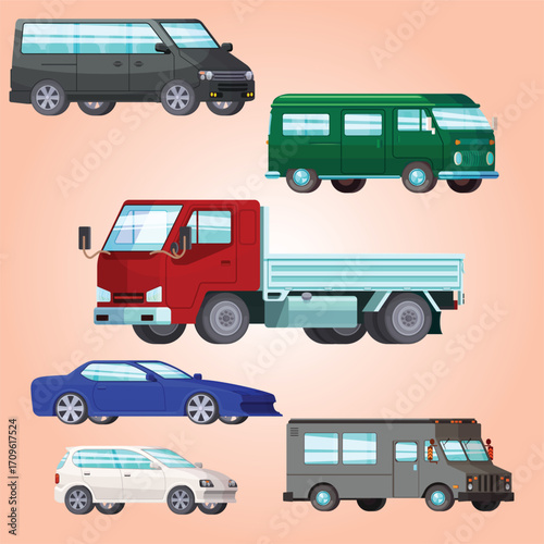 Flat Style Various Transportation Vehicle Design with Passenger Van and Truck