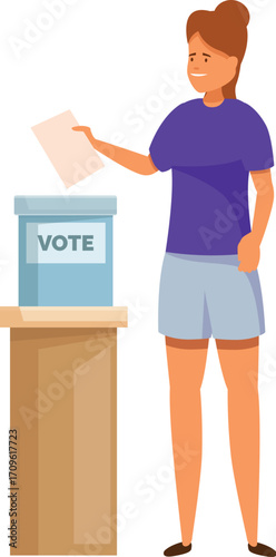 Young woman exercising her right to vote, inserting ballot into box at polling station