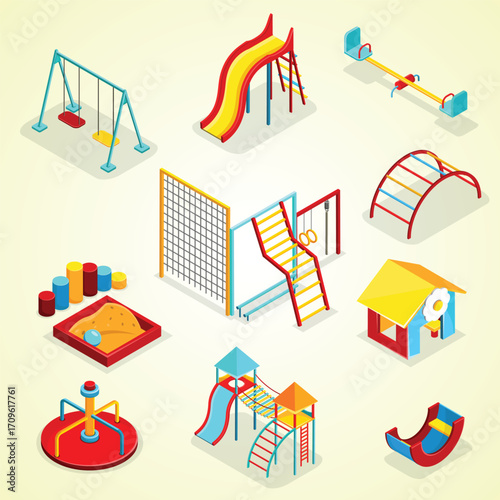 Isometric Illustration of Colorful Playground Equipment for Outdoor Activity Fun Place