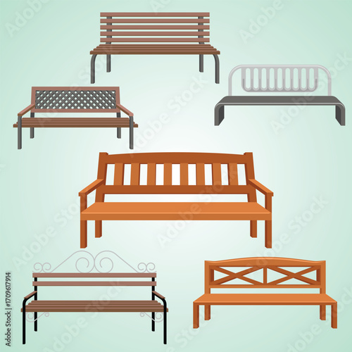 Flat Style Variety Park Bench Illustration Set with Different Design