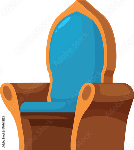 Wooden throne chair with blue upholstery, symbolizing royalty, power, and authority