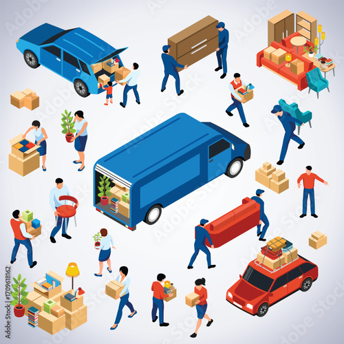 Isometric People Relocating Furniture and Belongings Illustration for Moving Company Service