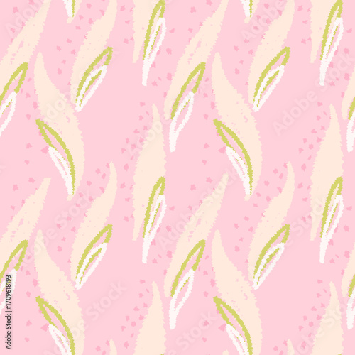 Seamless abstract vector pattern with soft cream and green hand drawn leaf shapes on a pastel pink background. Contemporary designs for textiles, wrapping paper, packaging and stationery