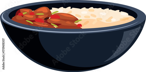 Grey bowl with chicken and rice, representing a healthy and tasty meal