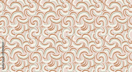 Seamless abstract vector pattern with curved arches, swirls, and dotted details in earthy brown, soft beige, and green. Designs for fabric, wallpaper, and modern decor