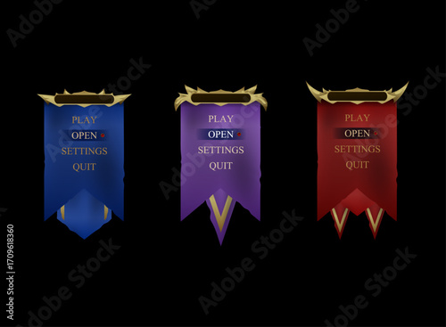 Set of Fantasy Gothic Medieval Game Banner Board UI — Gold Header Frame with Colorful Banner Flags for RPG and Adventure Interface Design