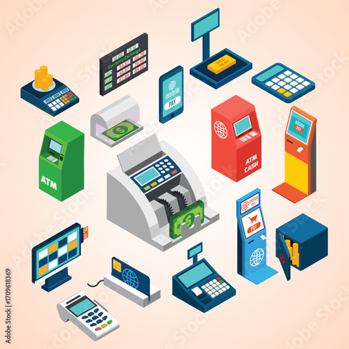Isometric Detailed Financial Technology Banking Element Set with ATM and Currency Exchange