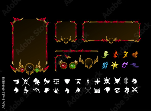 Set of Fantasy Gothic Medieval Frame Templates — Golden Frame with Diamond Borders, Profile Frames, Headers, and Various Element Icon Pack for RPG and Trading Card Design