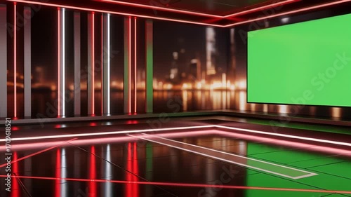 A red virtual studio background with a green screen as a seamless loop. A futuristic set with a placeholder screen for a customizable broadcast. Ideal for a news or sports channel intro.