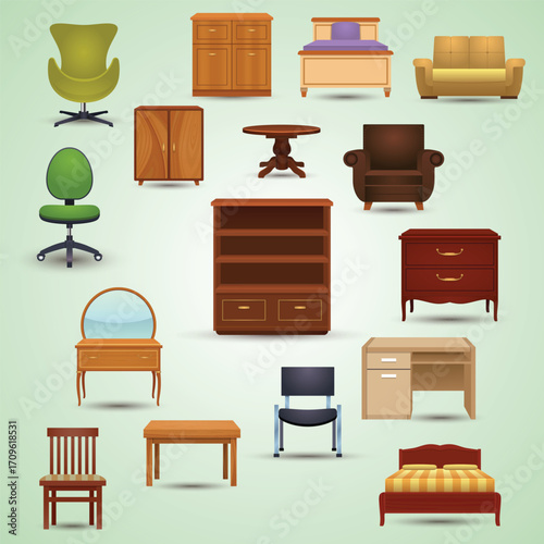 Stylish Illustration of Various Furniture Items For Home Interior Decoration