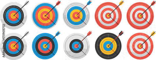 Archery Targets with Arrows in Bullseye and Off- Center Shots Keywords: archery, target, bullseye, arrow, sport, game