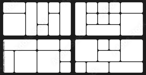 Bento grid abstract layouts with geometric tiles and rounded corners. Modern modular UI design panels, trendy web interface templates, collage frames and infographics. Vector illustration.