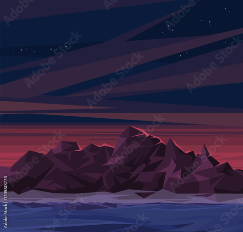 Vector illustration of desert mountain landscape at sunset with starry night sky. Dramatic purple and pink gradient background with geometric low-poly style.