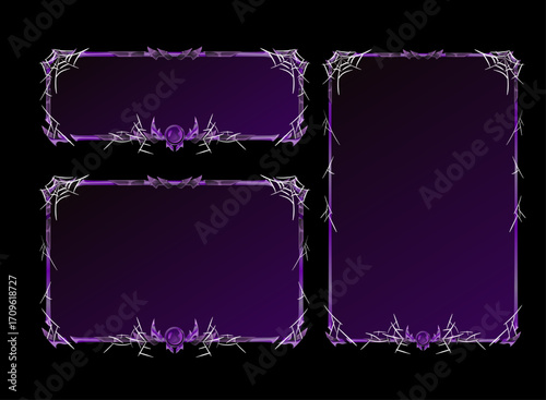 Set of Violet Frame and Diamond Border Fantasy Medieval Game UI Board Templates — Various Sizes with Spider Web Halloween Theme for RPG and Adventure Design Assets