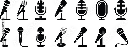 Assortment of Black Microphone Icons in Different Styles and Orientations Keywords: microphone, mic, audio, sound, recording