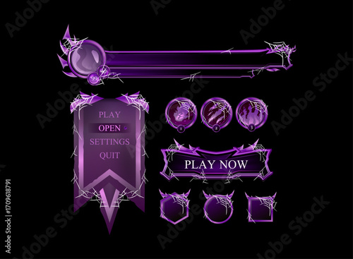 Set of Fantasy Gothic Medieval Game UI Elements — Violet Board Banner, Profile Avatar Bar, Skill Button, Frame Border, and Play Button in Spider Web Halloween Theme for RPG Design