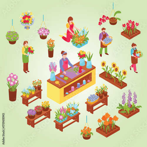 Isometric Detailed Flower Shop with Florists and Flower Arrangement Illustration