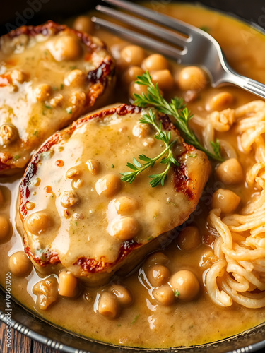 creamy smothered pork chops cooked in onion gravy