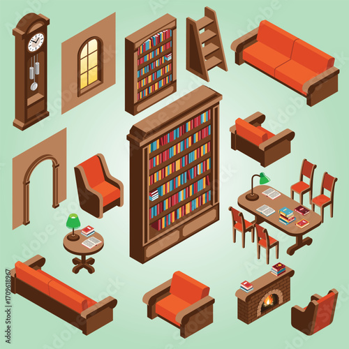 Isometric Detailed Interior Library Furniture with Clock and Fireplace Icon Set