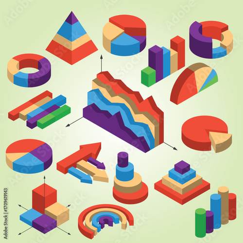 Isometric Colorful Business Data Chart Diagram Infographic Element Illustration