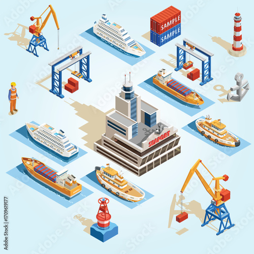 Isometric Detailed Seaport Scene with Ships, Cranes, and Infrastructure Illustration