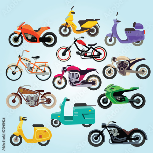 Flat Cartoon Different Kind of Motorcycle Vehicle Collection Illustration