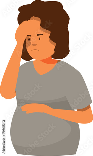 Pregnant woman feeling unwell, touching her forehead and belly, suffering headache and sore throat