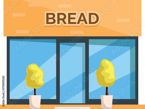 Local bakery shop facade displaying a bread sign and potted plants, inviting customers to enjoy fresh pastries