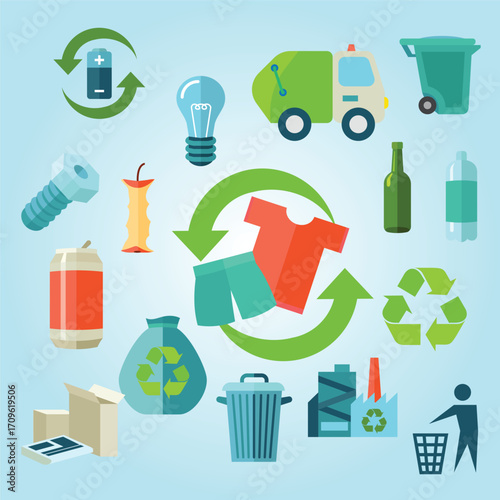 Flat Design Waste Management and Recycling Elements for Environmental Sustainability