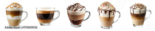 Set of cups of different delicious coffee with various toppings, isolated on a transparent PNG background