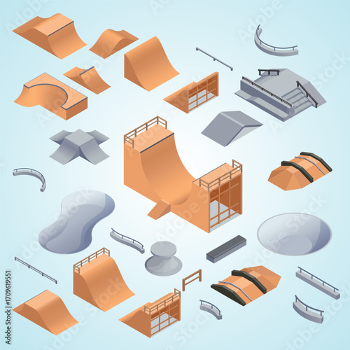Isometric Detailed Skatepark Elements Set with Various Obstacles and Structures