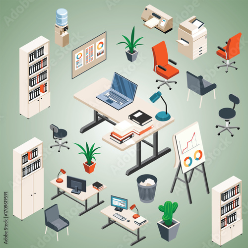 Isometric Detailed Office Interior Scene with Furniture and Equipment Elements
