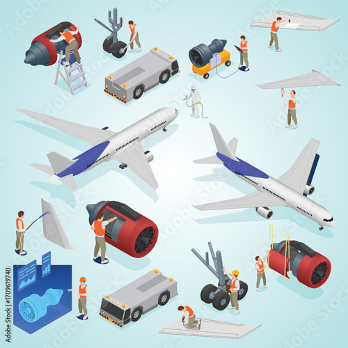 Isometric Illustration Showing Aircraft Maintenance and Repair with Engineers Teamwork