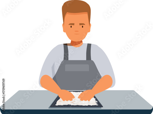 Professional baker skillfully prepares dough on a baking tray, kneading and shaping it for a delicious pastry creation